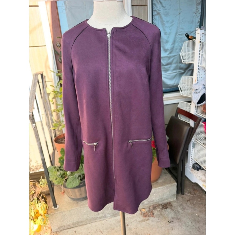 Chico's Purple Faux Suede Full Zip Longline Jacket Size 0 Collarless Coat